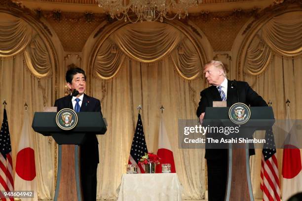 Japanese Prime Minister Shinzo Abe and U.S. President Donald Trump attend a joint press conference following their meeting on April 18, 2018 in Palm...