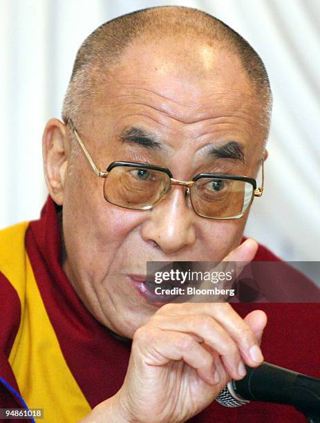 The Dalai Lama, the spiritual leader of Tibet, speaks during a news conference in Narita city, Chiba prefecture, Japan, on Thursday, April 10, 2008....