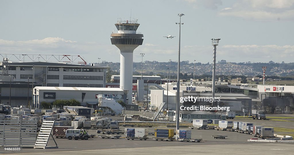 A control tower stands at Auckland International Airport, in