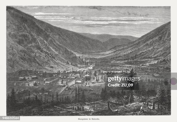georgetown in colorado, usa, wood engraving, published in 1868 - georgetown colorado stock illustrations