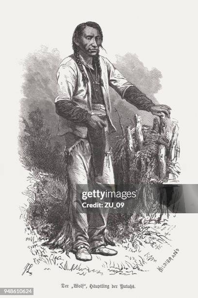 ilustraciones, imágenes clip art, dibujos animados e iconos de stock de indio principal "lobo" de la gente de la ute, xilografía, publicado 1868 - las indias occidentales