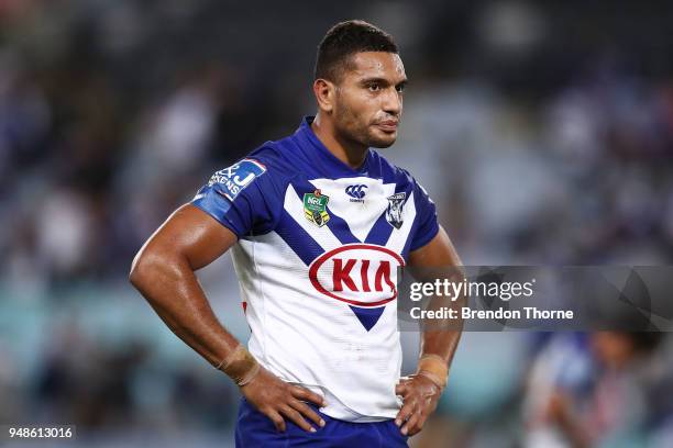 Marcelo Montoya of the Bulldogs looks on during the round seven NRL match between the Canterbury Bulldogs and the Sydney Roosters at ANZ Stadium on...