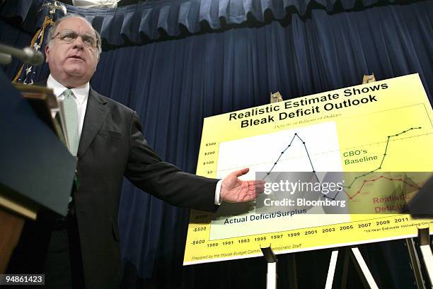 Representative John Spratt, , outlines his opposition to President Bush's FY2007 budget request during a press briefing on Capitol Hill in...