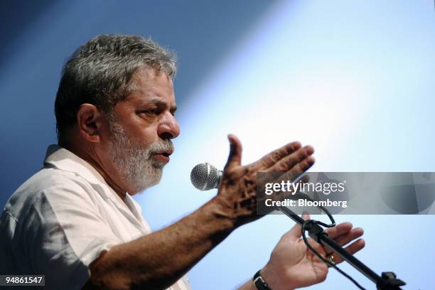 Luiz Inacio Lula da Silva, Brazil's president, speaks during a joint news conference with Roger Agnelli, president and chief executive officer with...