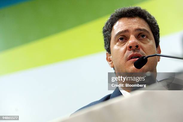 Roger Agnelli, president and chief executive officer with Cia. Vale do Rio Doce, speaks during a news conference at the Alunorte aluminum refinery in...