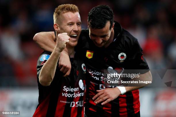 Mike van Duinen of Excelsior celebrates 2-0 with Ali Messaoud of Excelsior during the Dutch Eredivisie match between Excelsior v Heracles Almelo at...