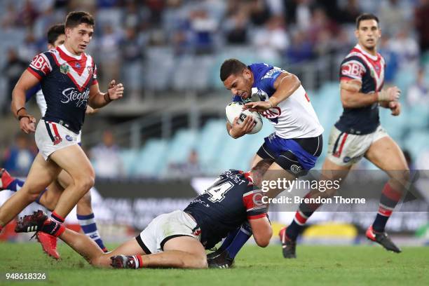 Marcelo Montoya of the Bulldogs runs the ball during the round seven NRL match between the Canterbury Bulldogs and the Sydney Roosters at ANZ Stadium...