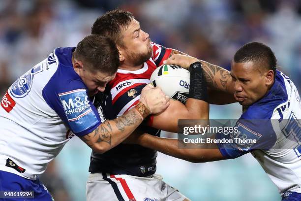 Jared Waerea-Hargreaves of the Roosters is tackled by the Bulldogs defence during the round seven NRL match between the Canterbury Bulldogs and the...