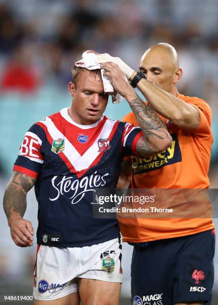 Jake Friend of the Roosters leaves the field after a head clash during the round seven NRL match between the Canterbury Bulldogs and the Sydney...