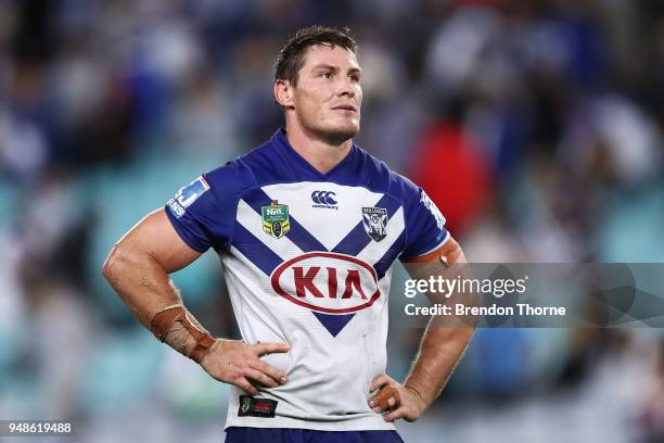 Joshua Jackson of the Bulldogs looks on during the round seven NRL match between the Canterbury Bulldogs and the Sydney Roosters at ANZ Stadium on...