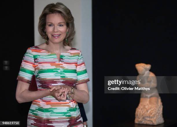 Queen Mathilde of Belgium visits the 50 anniversary edition of the Contemporary Art Fair on April 19, 2018 in Brussels, Belgium.