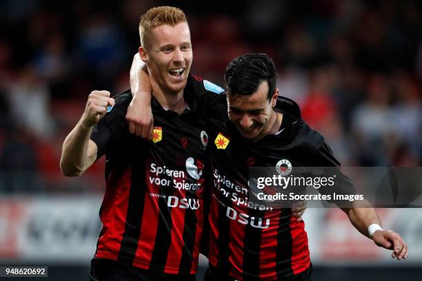 Mike van Duinen of Excelsior celebrates 2-0 with Ali Messaoud of Excelsior during the Dutch Eredivisie match between Excelsior v Heracles Almelo at...