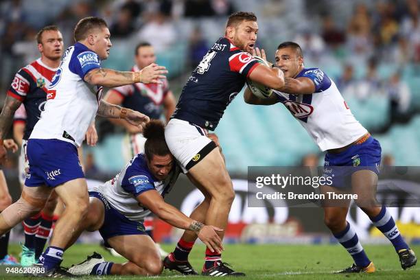 Jared Waerea-Hargreaves of the Roosters is tackled by the Bulldogs defence during the round seven NRL match between the Canterbury Bulldogs and the...