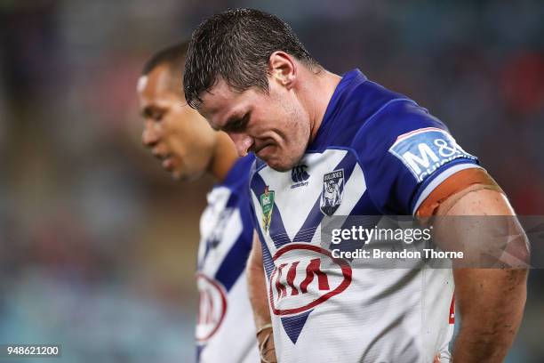 Joshua Jackson of the Bulldogs shows signs of dejection during the round seven NRL match between the Canterbury Bulldogs and the Sydney Roosters at...