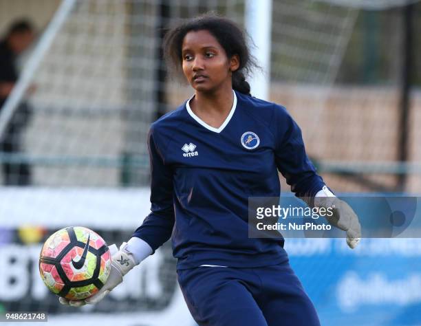Simone Eligon of Millwall Lionesses L.F.C during the pre-match warm-up during FA Women's Super League 2 match between Millwall Lionesses and Aston...
