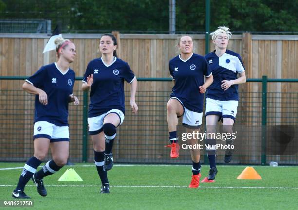 Millwall Lionesses during the pre-match warm-up during FA Women's Super League 2 match between Millwall Lionesses and Aston Villa Ladies FC at St...