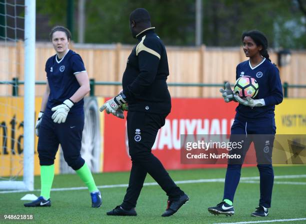 Sarah Quantrill of Millwall Lionesses L.F.C and Simone Eligon of Millwall Lionesses L.F.C during the pre-match warm-up during FA Women's Super League...