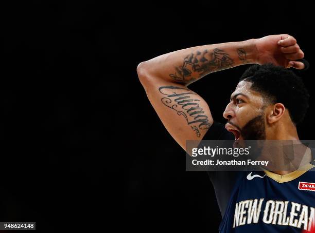 Anthony Davis of the New Orleans Pelicans cheers against the Portland Trail Blazers during Game Two of the Western Conference Quarterfinals during...