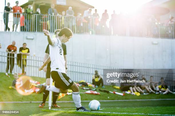 Elias Abouchabaka of Germany kicks the ball during the International friendly match between U18 Austria and U18 Germany on April 18, 2018 in Wels,...