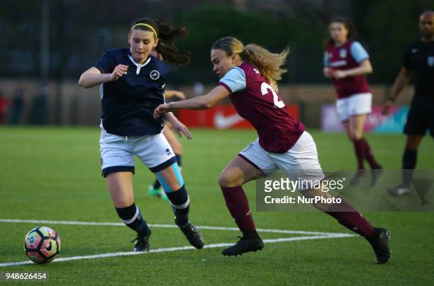 Jordan Butler of Millwall Lionesses L.F.C and Ebony Salmon of Aston Villa Ladies FC during FA Women's Super League 2 match between Millwall Lionesses...