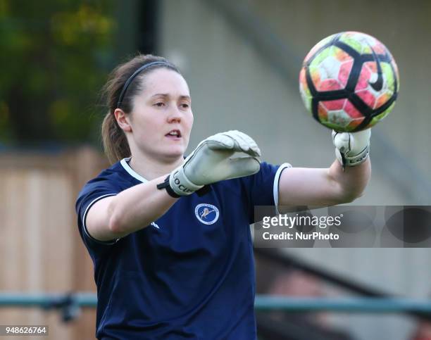 Sarah Quantrill of Millwall Lionesses L.F.C during the pre-match warm-up during FA Women's Super League 2 match between Millwall Lionesses and Aston...