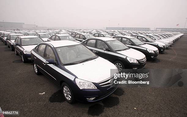 Hyundai Elantra vehicles are parked in a lot at Beijing Hyundai Motor Company's new plant in Beijing, China, on Tuesday, April 8, 2008. Hyundai Motor...