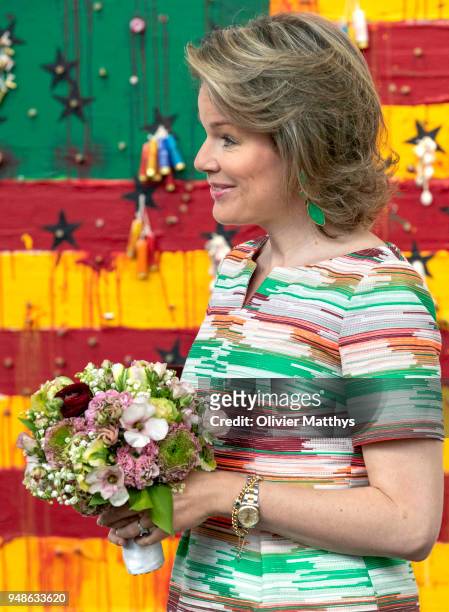 Queen Mathilde of Belgium visits the 50 anniversary edition of the Contemporary Art Fair on April 19, 2018 in Brussels, Belgium.