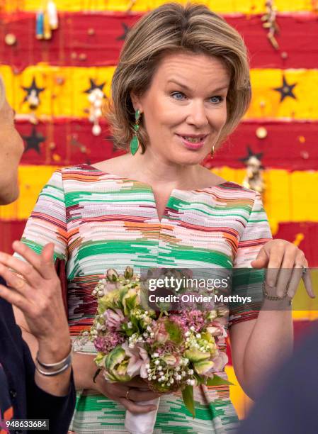 Queen Mathilde of Belgium visits the 50 anniversary edition of the Contemporary Art Fair on April 19, 2018 in Brussels, Belgium.