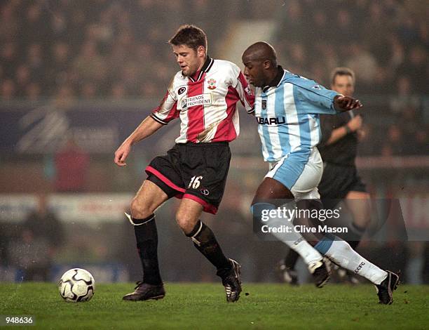 James Beattie of Southampton holds off Paul Williams of Coventry City during the FA Carling Premiership match played at Highfield Road, in Coventry,...