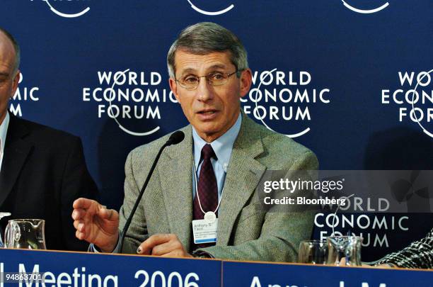 Director of the National Institute of Allergy and Infectious Diseases Anthony Fauci speaks during a news conference on pandemics at the World...