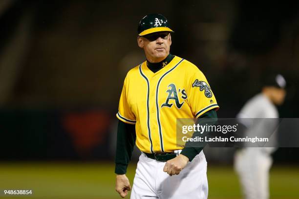 Third base coach Matt Williams looks on in the third inning against the Chicago White Sox at Oakland Alameda Coliseum on April 16, 2018 in Oakland,...