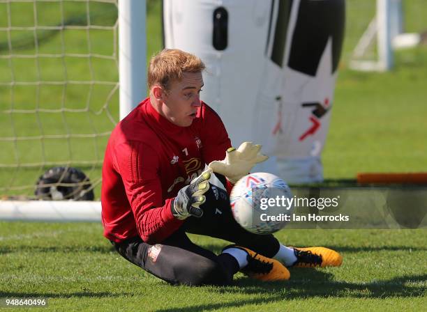Jason Steele controls the ball during a Sunderland AFC training session at The Academy of Light on April 19, 2018 in Sunderland, England.