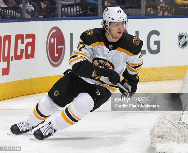 Torey Krug of the Boston Bruins skates against the Toronto Maple Leafs in Game Three of the Eastern Conference First Round during the 2018 Stanley...
