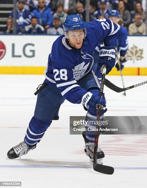 Connor Brown of the Toronto Maple Leafs skates against the Boston Bruins in Game Three of the Eastern Conference First Round during the 2018 Stanley...