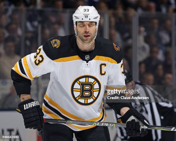Zdeno Chara of the Boston Bruins skates against the Toronto Maple Leafs in Game Three of the Eastern Conference First Round during the 2018 Stanley...