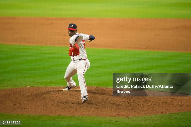 Jose Ramirez of the Atlanta Braves pitches against the Washington Nationals at SunTrust Park on April 2 in Atlanta, Georgia. Jose Ramirez