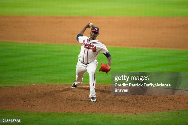 Jose Ramirez of the Atlanta Braves pitches against the Washington Nationals at SunTrust Park on April 2 in Atlanta, Georgia. Jose Ramirez