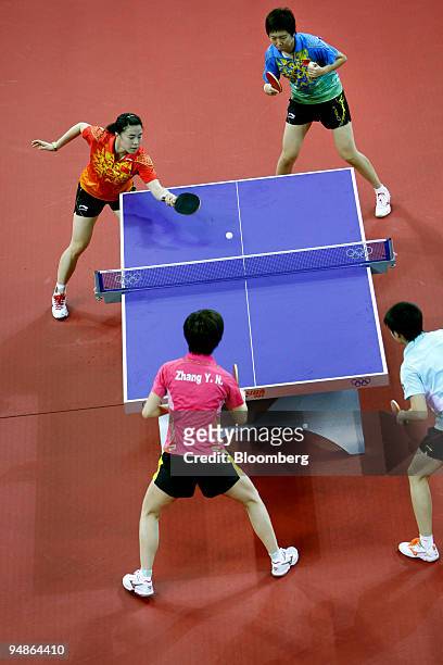 Wang Nan, top left, Li Xiaoxia, top right, Zhang Yining, bottom left, and Guo Yue, all of the Chinese Olympic women's table tennis team, practice...
