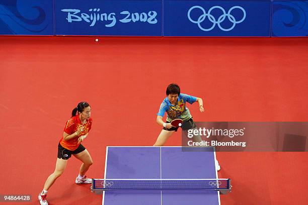 Wang Nan, left, and Li Xiaoxia, both of the Chinese Olympic women's table tennis team, practice during a training session on day four of the 2008...