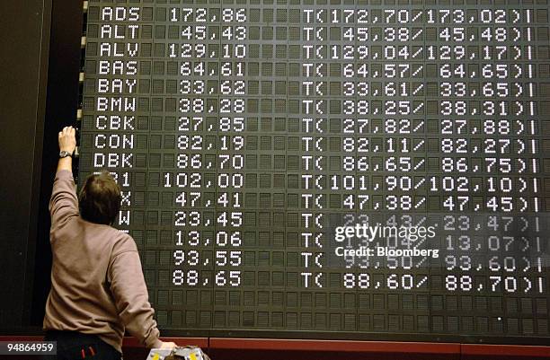 Worker repairs the large board showing the day's DAX activity at the stock exchange in Frankfurt, Germany, Friday, February 3, 2006. European stocks...