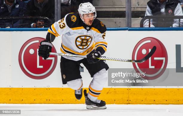 Brad Marchand of the Boston Bruins skates against the Toronto Maple Leafs in Game Three of the Eastern Conference First Round during the 2018 NHL...