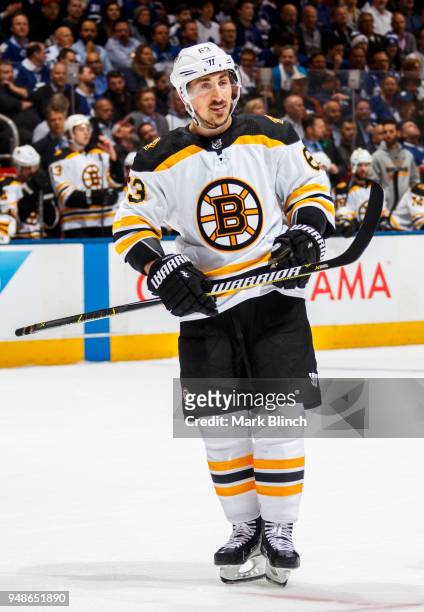 Brad Marchand of the Boston Bruins skates in a break against the Toronto Maple Leafs in Game Three of the Eastern Conference First Round during the...