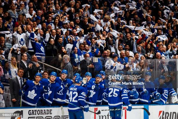 James van Riemsdyk of the Toronto Maple Leafs celebrates his goal with the bench against the Boston Bruins in Game Three of the Eastern Conference...
