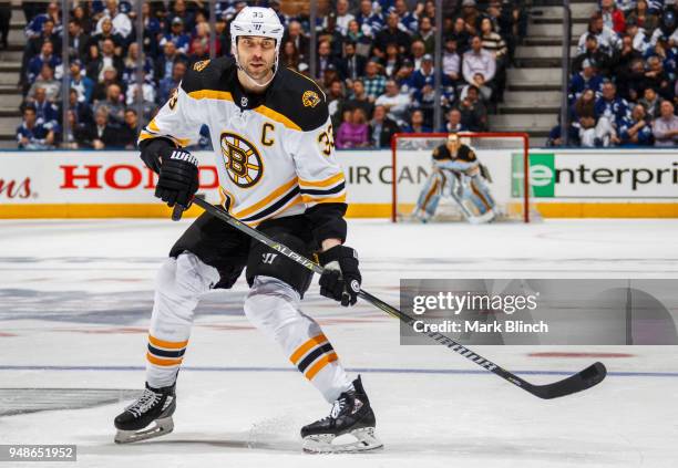 Zdeno Chara of the Boston Bruins skates against the Toronto Maple Leafs in Game Three of the Eastern Conference First Round during the 2018 NHL...