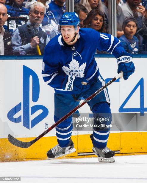 Zach Hyman of the Toronto Maple Leafs skates against the Boston Bruins in Game Three of the Eastern Conference First Round during the 2018 NHL...