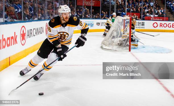 Kevan Miller of the Boston Bruins skates against the Toronto Maple Leafs in Game Three of the Eastern Conference First Round during the 2018 NHL...