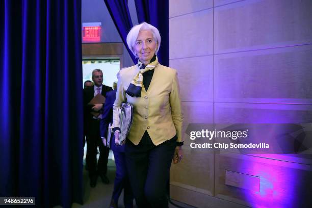 International Monetary Fund Managing Director Christine Lagarde arrives for a news conference at IMF Headquarters April 19, 2018 in Washington, DC....