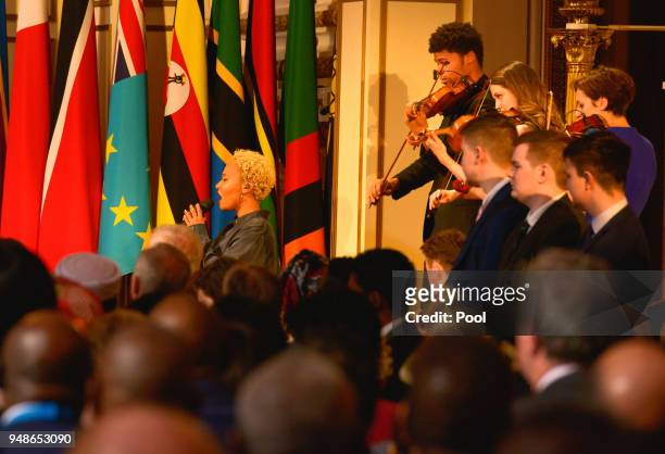 Emeli Sande performs the British National Anthem during the formal opening of the Commonwealth Heads of Government Meeting in the Ballroom at...