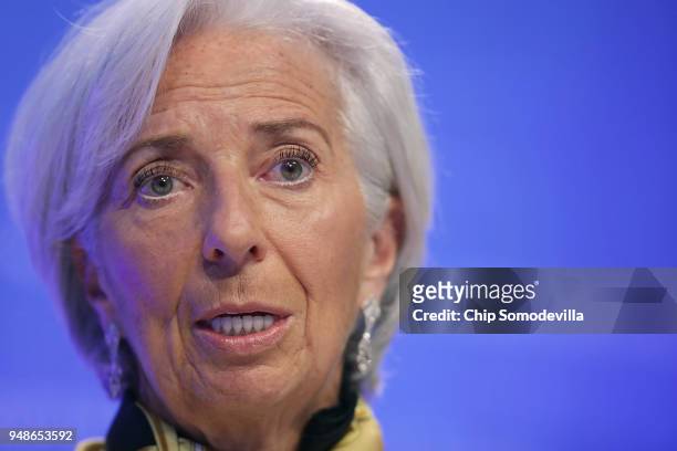 International Monetary Fund Managing Director Christine Lagarde answers reporter's questions during a news conference at the IMF Headquarters on...