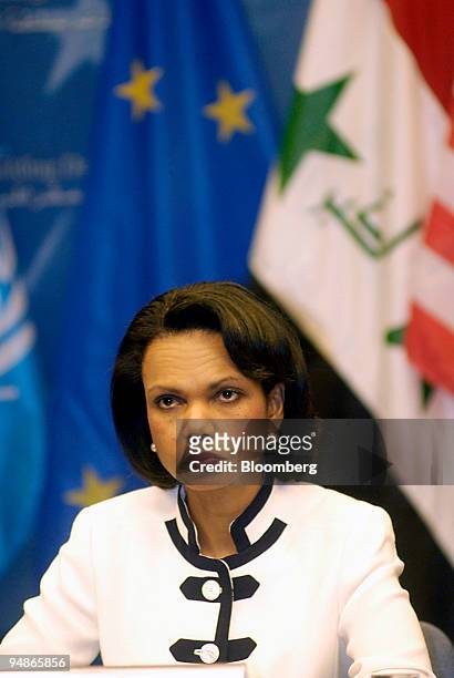 Secretary of State Condoleezza Rice listens to a question at a press conference following an international meeting on Iraq in Brussels, Belgium on...